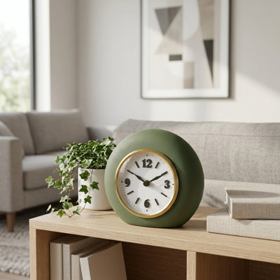 Horloge de table décorative ronde en métal et verre pour la maison ou le bureau - Horloge décorative moderne pour manteau de cheminée ou entrée - 8 po, vert et or