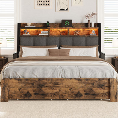 Queen Size Bed with 2 Storage Drawers & Upholstered Headboard, Platform Bed Frame with Led Lights & Charging Station, Rustic Brown