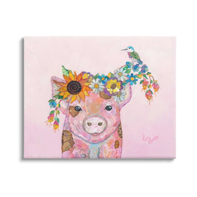Floral avec petit cochon et oiseau par Lisa Morales - Peinture, H 16 po x l 20 po x P 1,5 po, Toile tendue