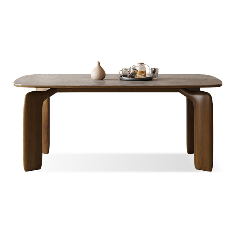 Gray + Nut-brown Rectangular Sintered Stone + Solid Wood Dining Table, 29.53"H x 70.87"L x 31.5"W