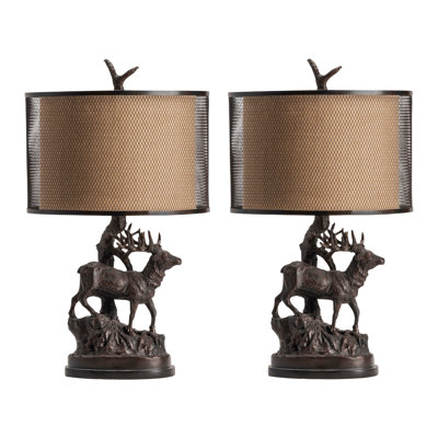 Rustic Resin Table Lamp With Elk Scene And Double Drum Shade.