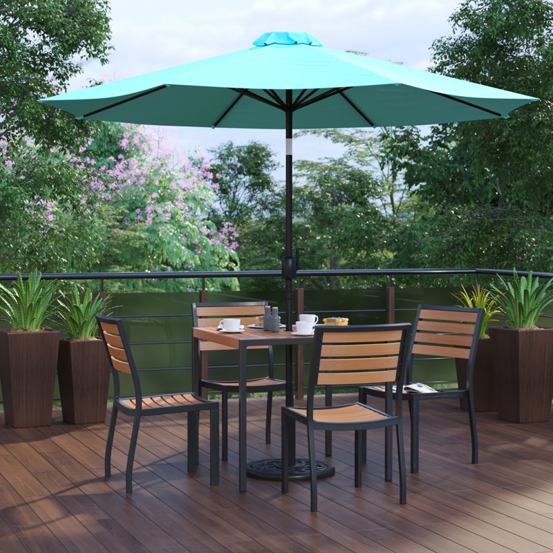 Table de patio en faux teck Abdinasir, 4 chaises et parasol 9 pi avec base, Parasol bleu sarcelle