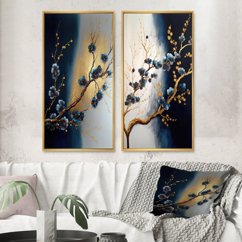 «Blue Cherry Blossom Branch III», 2 pièces sur toile, H 40 po x l 40 po, Encadrement doré
