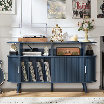 Extra Large Round Record Player Stand with Charging Station & Fluted Panel, Mid Century Modern Turntable Cabinet with Vinyl Storage, Arched Wood Record Player Table for Living Room