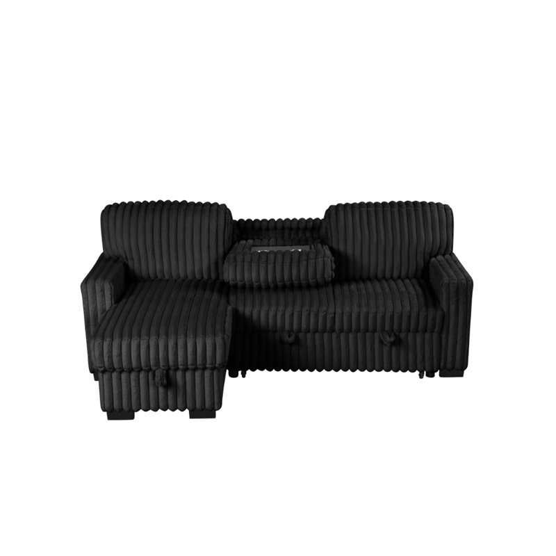 Poland Charcoal Reversible Sectional With Pull-Out Bed, Black Fabric