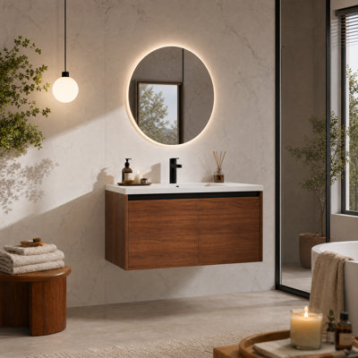Meuble-lavabo de 36 pouces avec lavabo en résine, finition brun naturel, armoire de rangement à double porte, ensemble de meuble-lavabo en bois d'ingénierie pour salle de bain de taille moyenne à grande