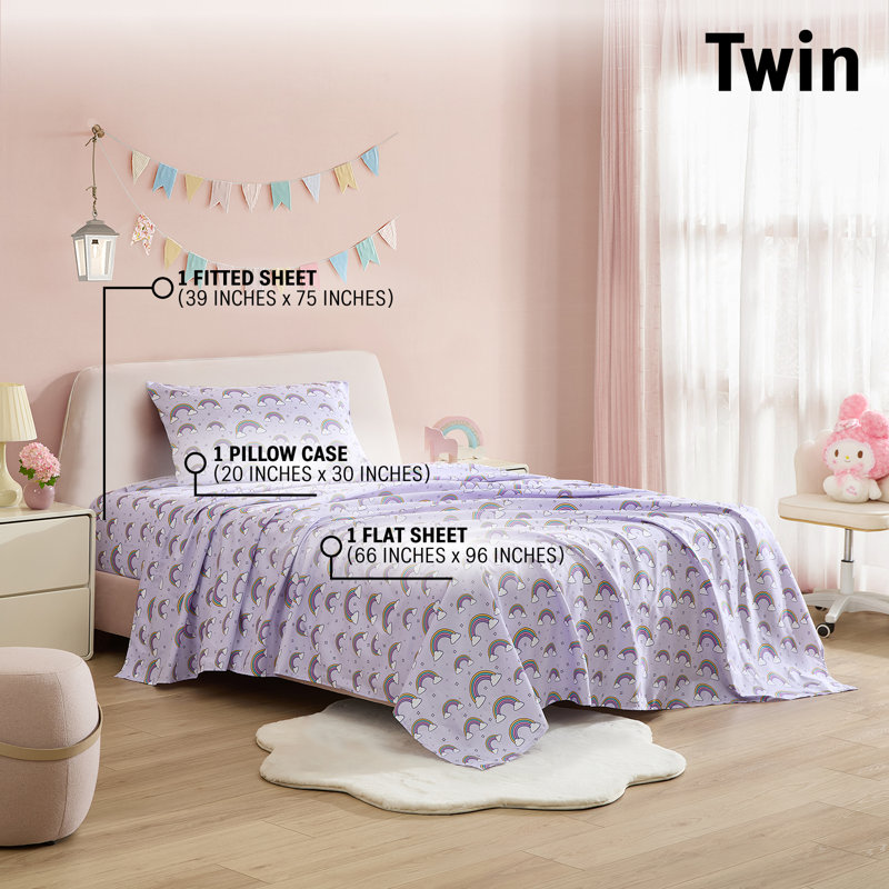 Ensemble de draps pour enfants HLC.ME, Lit simple, Arc-en-ciel mauve