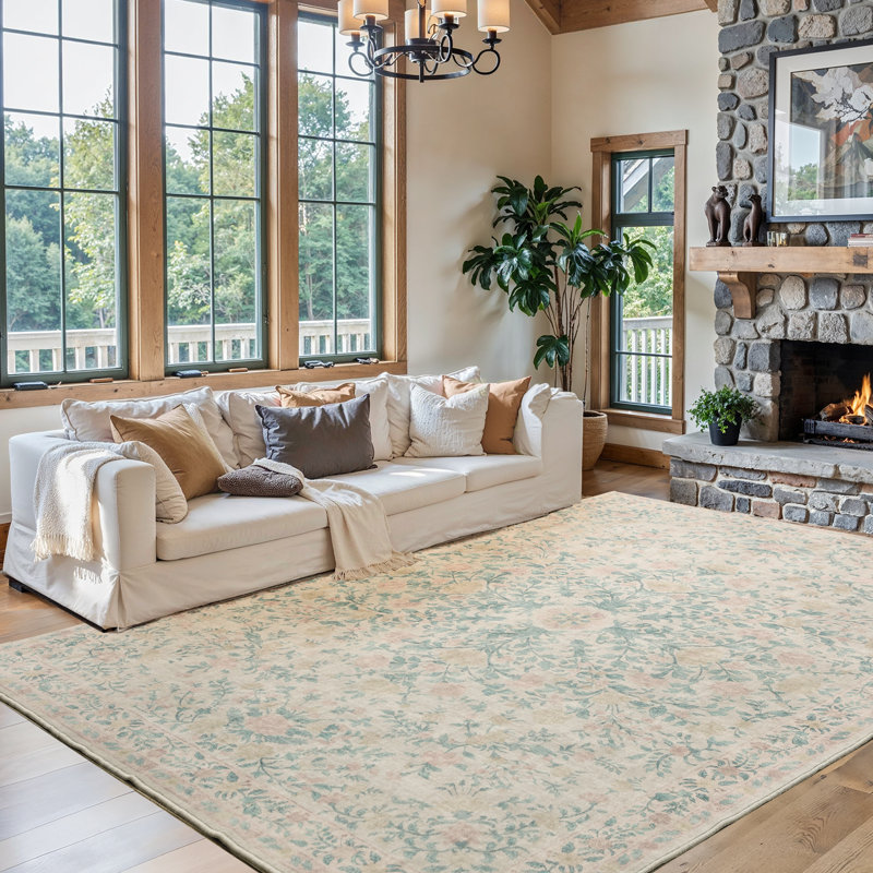 Machine Washable Floral Area Rug with Non Slip Backing, Oriental Inspired Vintage Area Rug for Living Room, Bedroom, Dinning Room, Home Office