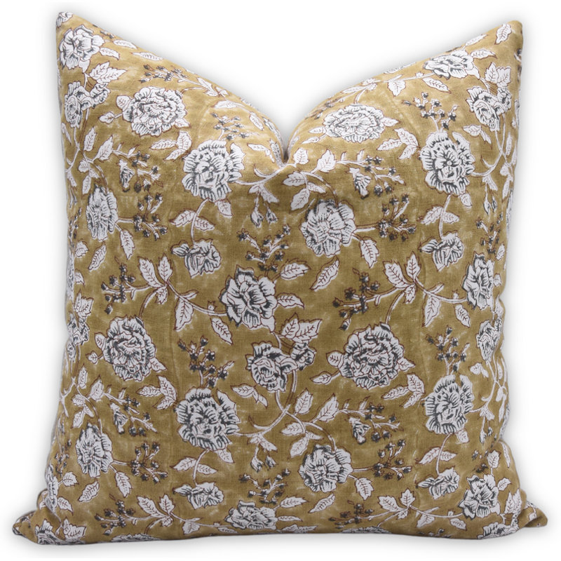 Housse de coussin en lin pur, taie d'oreiller en lin Prin 14 x 14, coussin décoratif floral - RAMESHWARAM, H 14 po x l 14 po