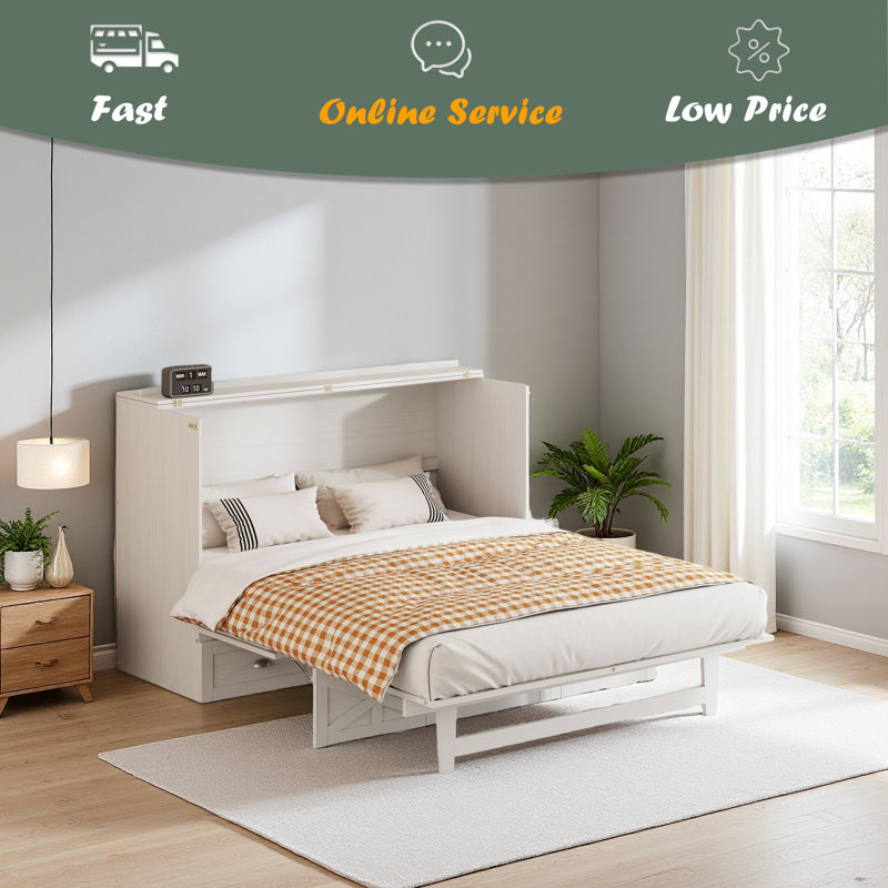 Murphy Bed With Large Drawers, Brushed White, Full