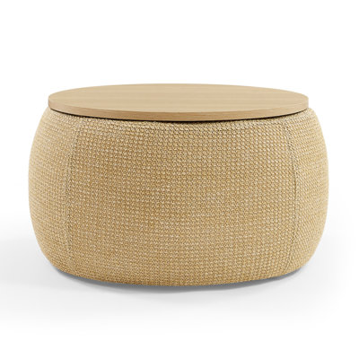 Round Storage Ottoman 2-In-1 – Natural Multifunctional Ottoman & End Table For Living Room, 25.5"X25.5"X14.5"