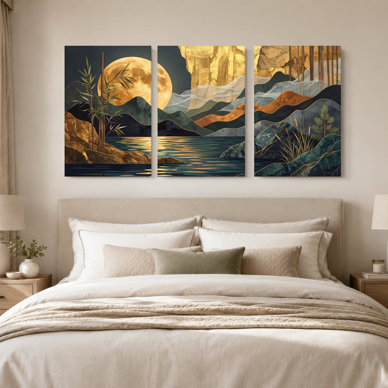 «Layered Mountains and Bamboo Under Golden Moon», ensemble de 3 toiles murales, H 30 po x l 20 po x 3 pièces