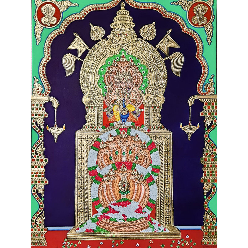 Lord Subramanya sur le trône | Peinture de style monsore | Couleur naturelle sur toile | Par Shashank Bhardwaj
