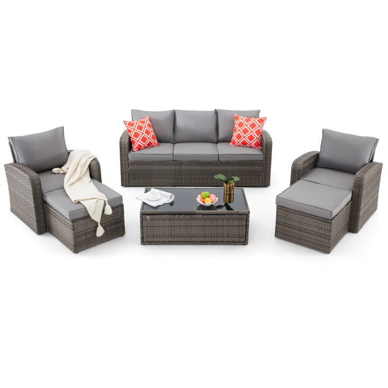 Wicker/Rattan 7 - Person Seating Group with Fire Pit Table, Gray