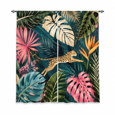 2Pcs Tropical Leopard Print Curtains, Vibrant Jungle Leaf Pattern Fabric, Light Filtering Window Drapes, Privacy Protection for Living Room Bedroom Balcony Home Decor
