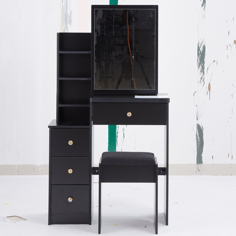 29.2" Small Space Left Bedside Cabinet Vanity Table + Cushioned Stool, Extra Large Right Sliding Mirror, Multi Layer High Capacity Storage, Practical Fashionable Dresser
