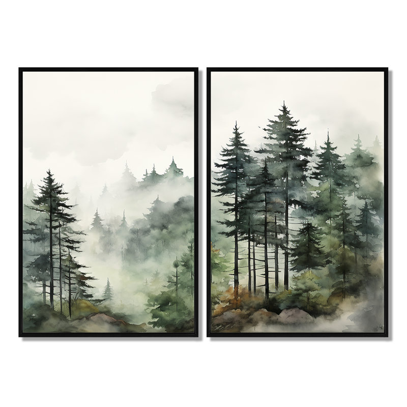«Pine Tree Misty Morning I» - Décoration murale pin, H 36 po x l 48 po, Reproduction encadrée sans passe-partout, Noir