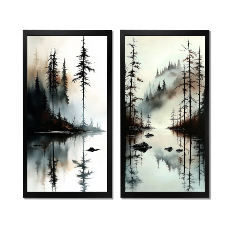 Lac Miroir de Snowline - Tableau encadré en deux parties de Lake Forest, 40" H x 40" W, Black Picture Framed