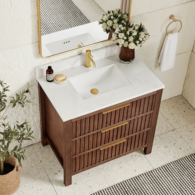 Meuble-lavabo simple 36 po avec plateau en pierre blanche Charnley, Chêne brun foncé vieilli / or brossé
