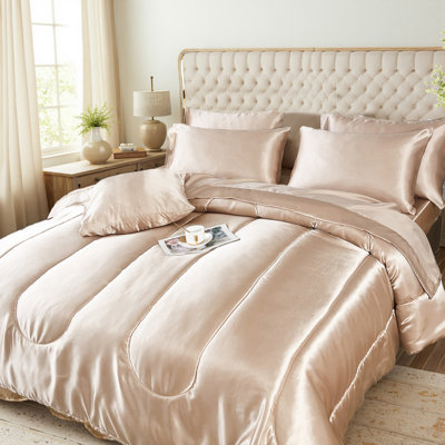 Satin Comforter Set with Sheet Set King 8 Pcs Silk Like Taupe Bedding Set Luxury Silky Comforter Set with 1 Cushion Cover