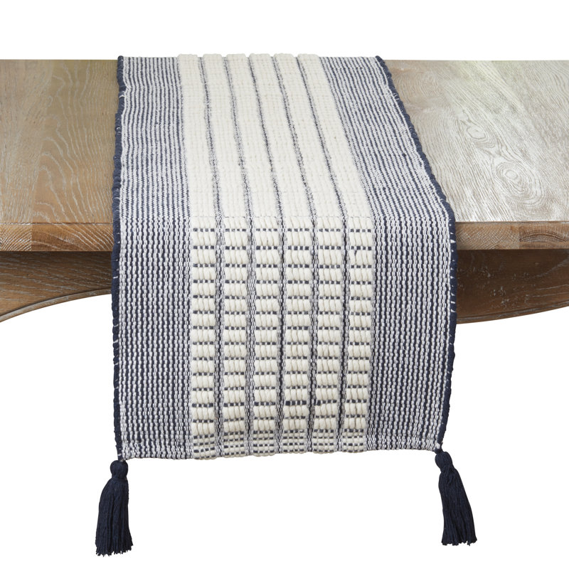 Chemin de table en coton et en laine tissé avec pampilles - Chemin de table décoratif texturé non réversible pour table de salle à manger, 16 po x 72 po