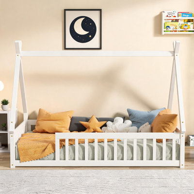 Bedroom Twin Size Crisp White Rubber Wood Teepee Tent Floor Bed with Guardrails and Slats, Minimalist Style