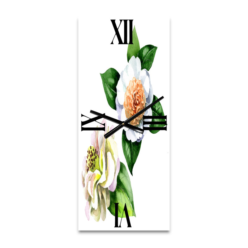 Horloge murale traditionnelle rétro avec fleurs de camélia blanches et feuilles vertes, Petit
