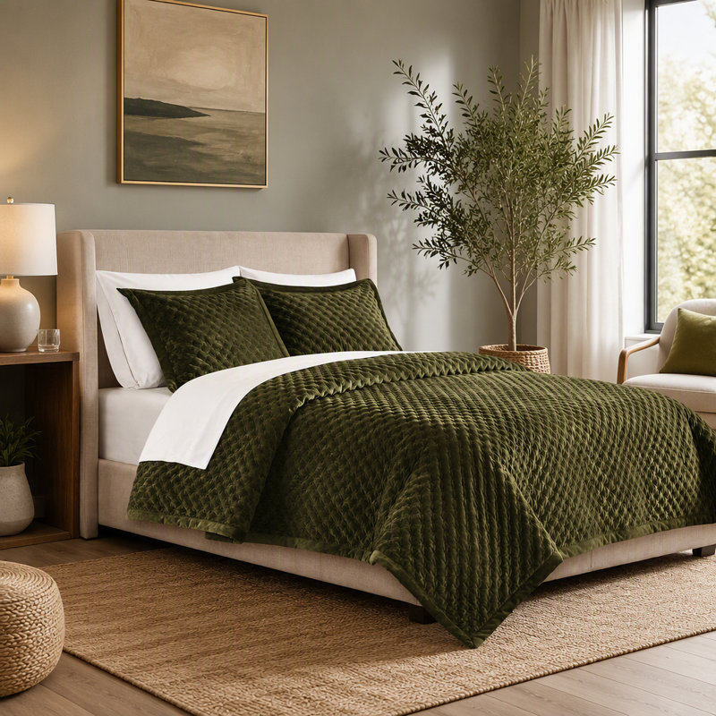 Ensemble de courtepointe en velours King 3 pièces Mini 110 x 96 pouces avec 2 taies d'oreiller King, Vert