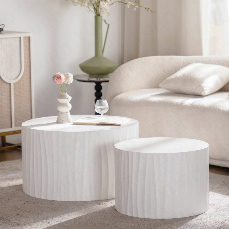 2P Nesting Coffee Table Set - Round Wooden, Modern - Wood, Creamy White, 15.35" H x 46.45" W x 46.45" D