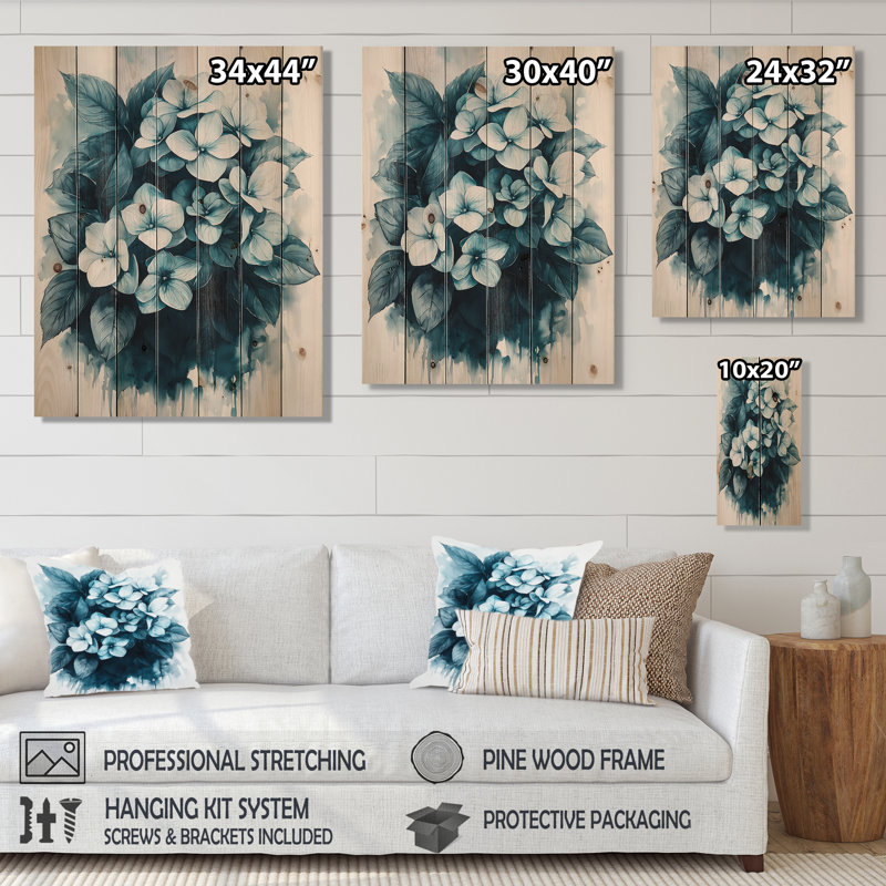 Ensemble d'hortensias monochromes - décoration murale en bois d'hortensias - sur bois de pin naturel