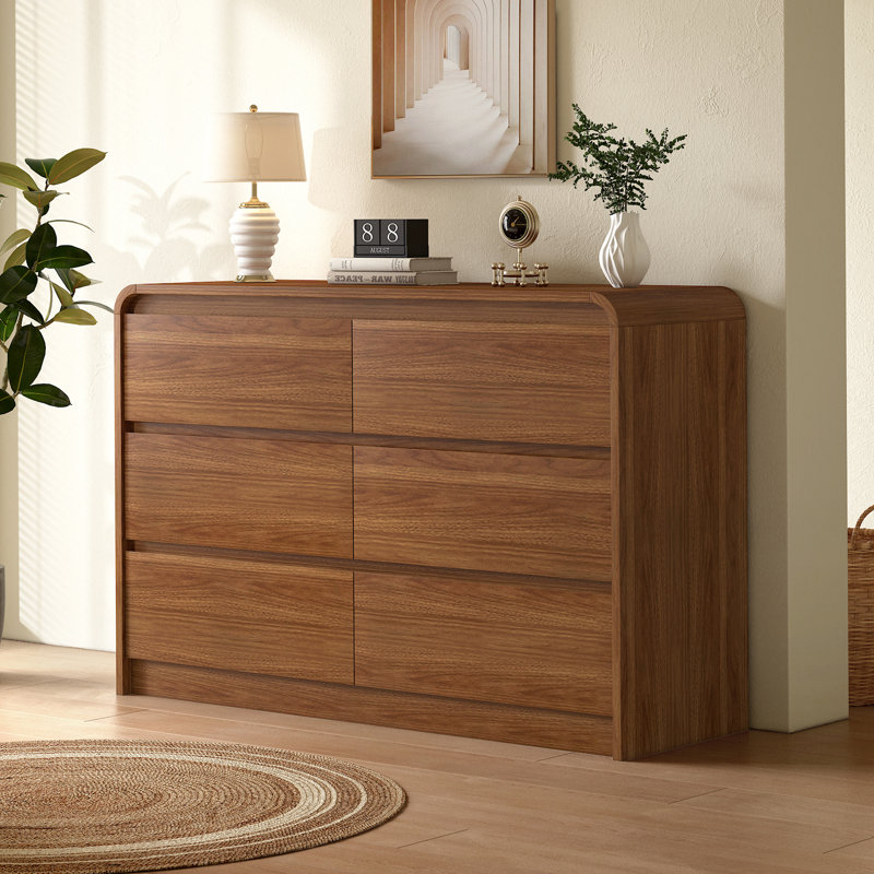 6 Drawer Dresser For Bedroom 47 Inch Wood Chest of Drawers - Curved Anti Collision, Mid Century Dresser For Closet with Natural Texture & Pre-Embedded Slots for TV Stand, Living Room, Nursery