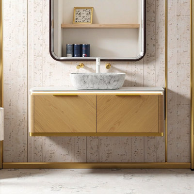 Meuble-lavabo flottant 48 po avec capteur de lumière et lavabo vasque en marbre - Tiroirs à fermeture en douceur, comptoir de luxe, armoire de rangement pré-assemblée