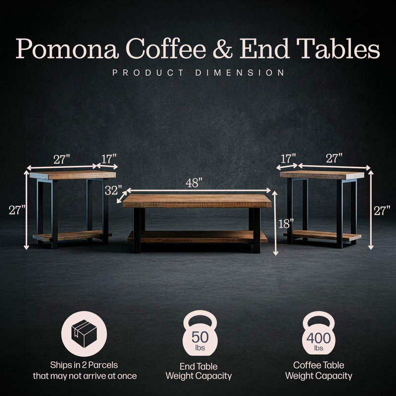 Pomona 3-Piece Living Room Table Set – 48” Coffee Table with Storage Shelf & 2 End Tables