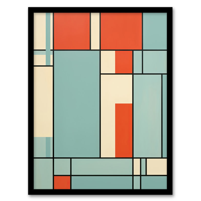 Piet Mondrian Inspired Teal Coral Abstract Geometry - Single Picture Frame Print