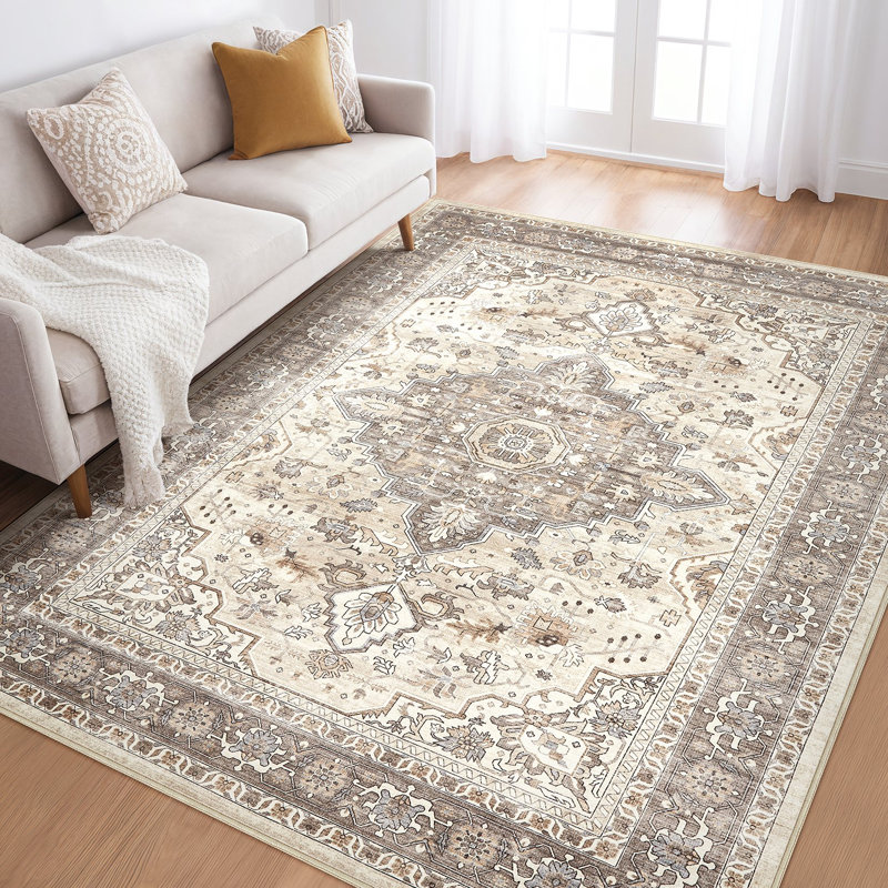 Tapis oriental lavable à la machine avec envers antidérapant Aasen, Brown, Rectangle 5' x 8'