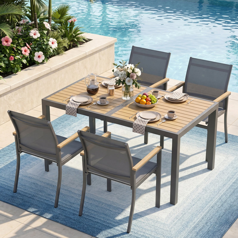 All Aluminum 5-Piece Outdoor Dining Set, 4-Person Outdoor Table and Chairs with Rectangular HDPS Top, All-Weather Patio Dining Set for Backyard, Deck, Garden