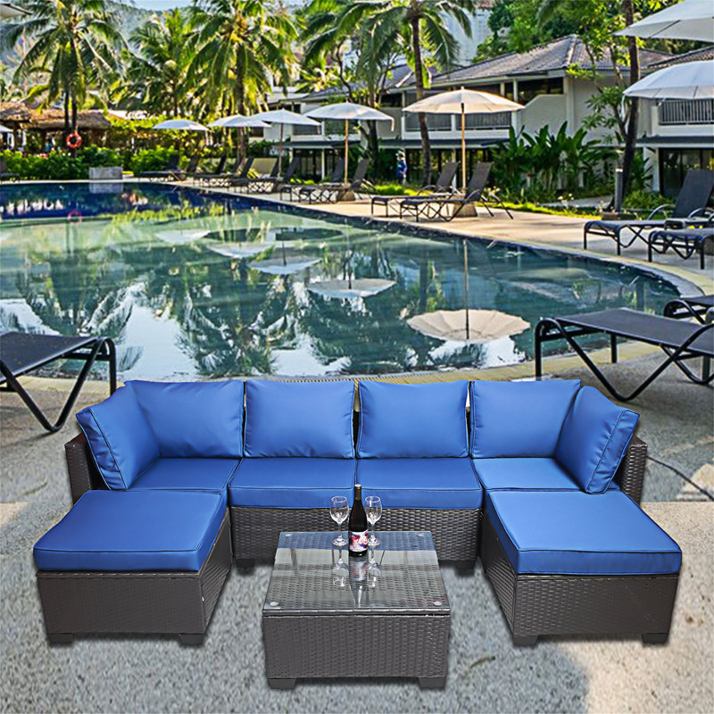 7-Piece Outdoor Sofa Set, Black, Blue