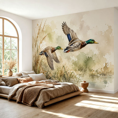 Wall Mural Peel and Stick Wallpaper Watercolor Duck Mallard Decor Ducks Tall Grasses Gentle Brushstrokes Self-Adhesive Removable Contact Paper Wall Decor for Living Room Bedroom 69"H x 96"W