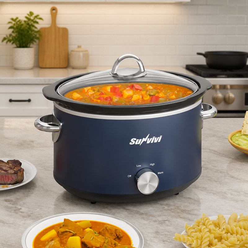 4 Quart Slow Cooker and Mini Food Warmer with 3 Heating Settings, Removable Ceramic Pot, Glass Lid, Stainless Steel, Blue
