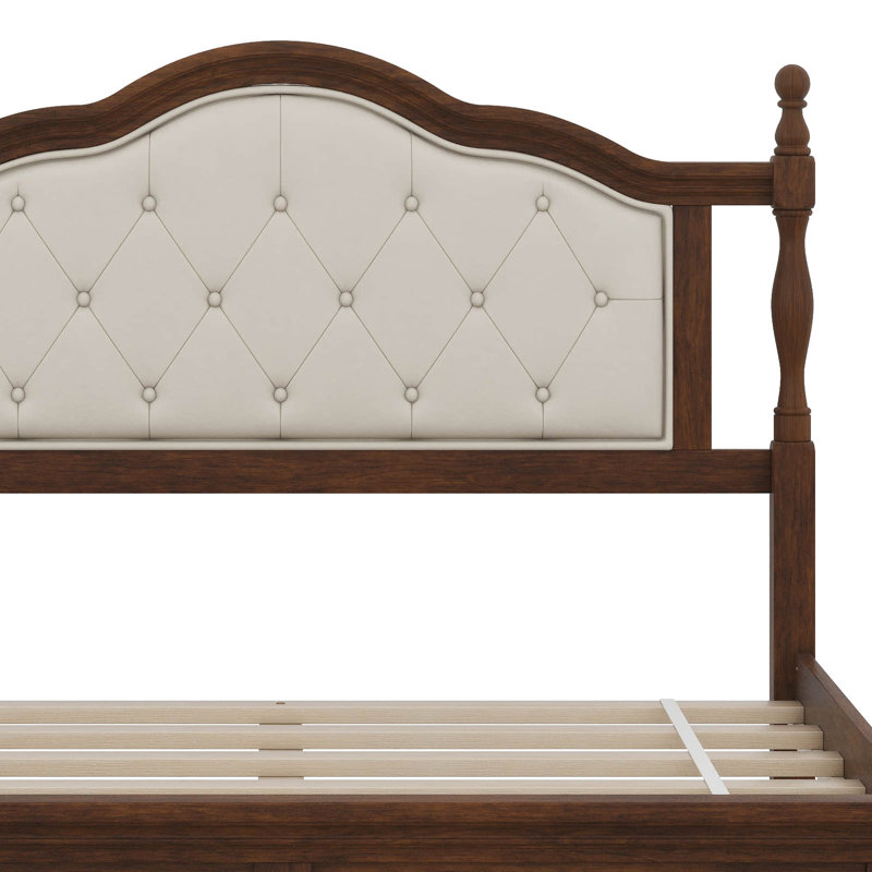 Queen Pine Wooden Bed With Upholstered Headboard And Panel Footboard, With Bed Rail Support Feet And Central Platform Support Feet