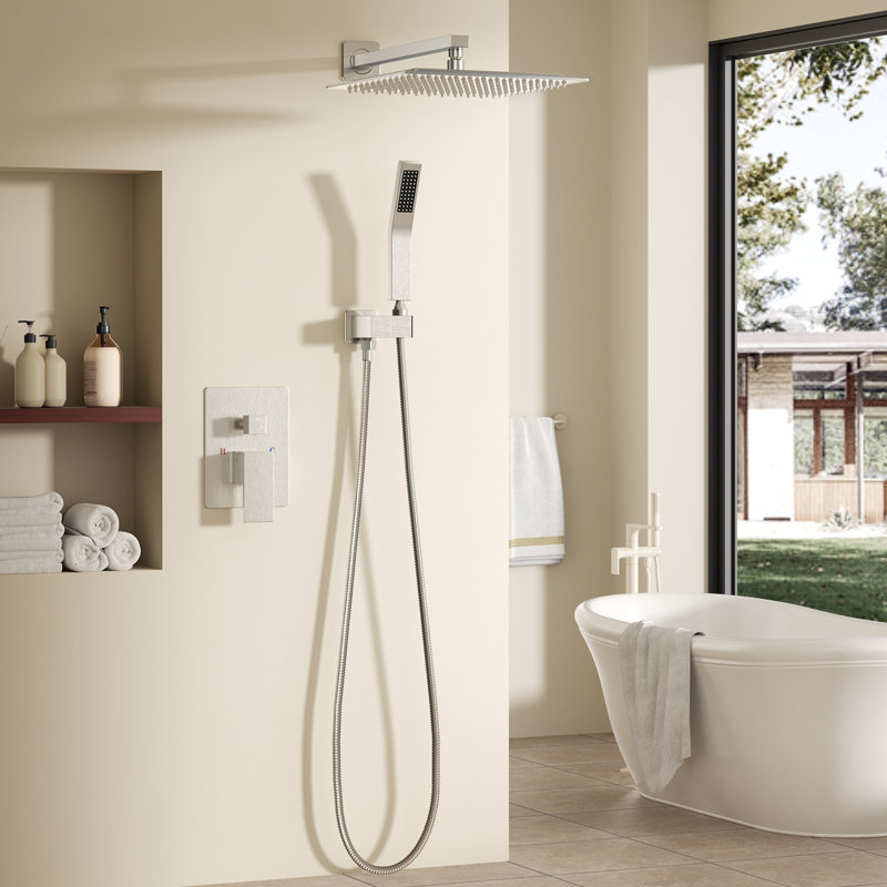 Système de douche mural avec pomme de douche Raincan 12 po et douche à main combinée, Brushed Nickel, 12 in