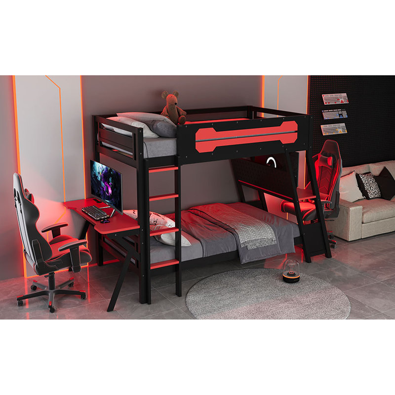 Lit superposé simple avec deux bureaux de jeu intégrés, ports de bureau USB et organisateur de panneau perforé, cadre de lit de jeu pour joueur