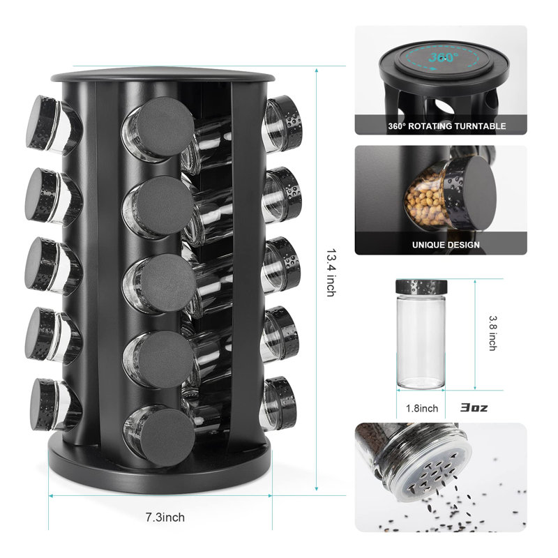 Étagère à épices rotative noire sur comptoir, étagère à épices rotative ronde et vide 20 pots, 135 étiquettes pour épices avec entonnoir, pour comptoir de cuisine, armoire