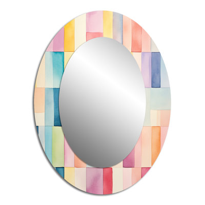 Mid-Century de couleur pastel cubes I - Grand miroir mural ovale sur métal