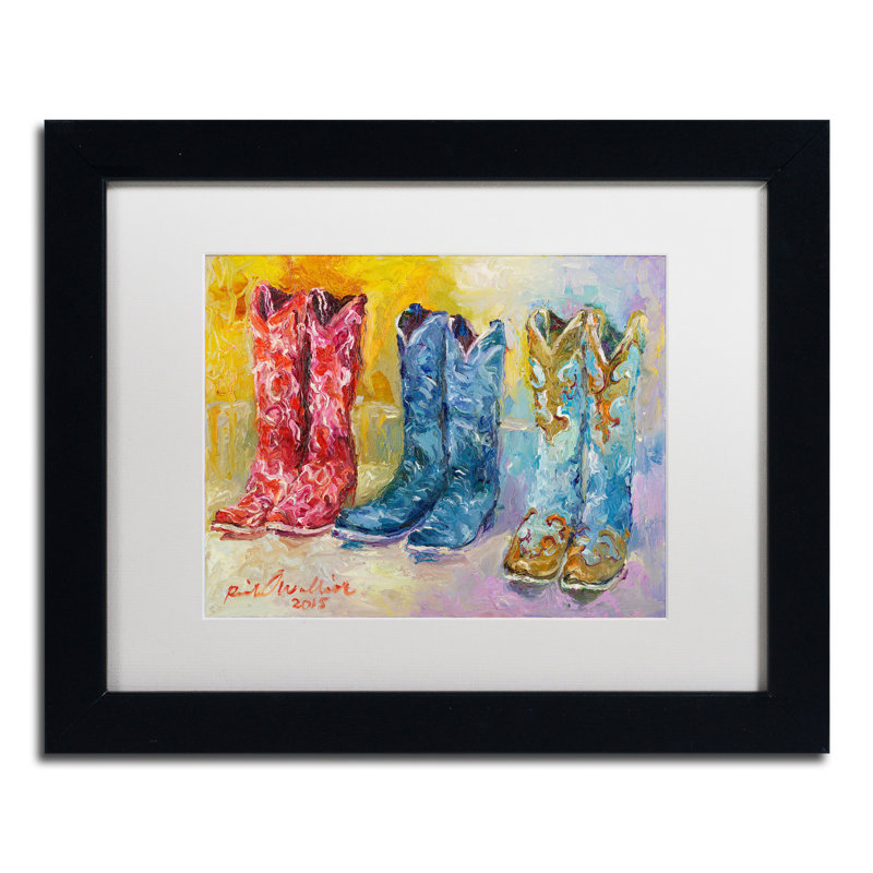 " Cowboy Boots " by Richard Wallich, 11" H x 14" W x 0.5" D, Black Framed, White