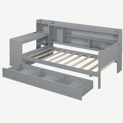 Wooden sofa bed with 3 drawers, USB ports, and a desk