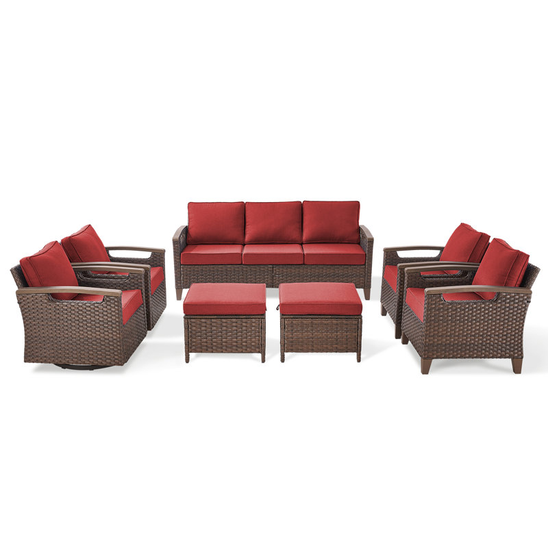 Ensemble de conversation d'extérieur en osier pour 7 personnes avec chaises pivotantes Arundel, Rouge