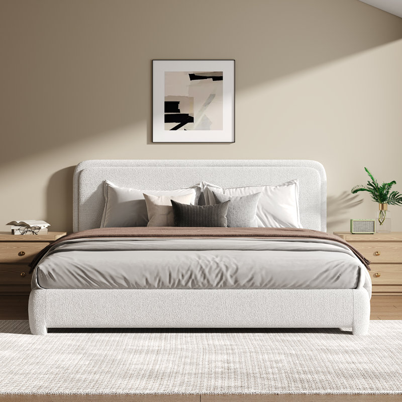 Bensu Boucle Upholstered Platform Bed, King, White