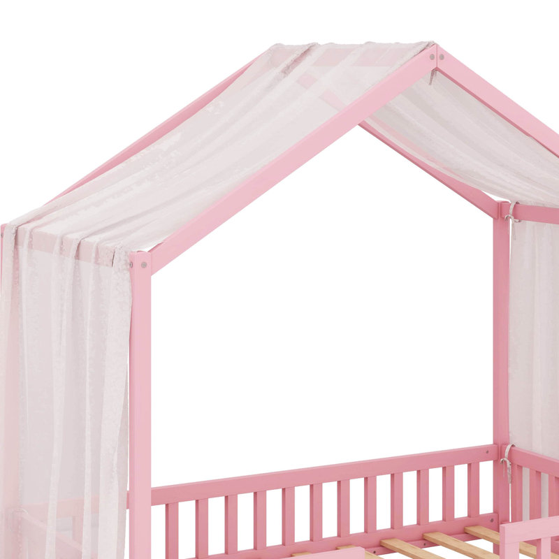 Cadre de lit simple pour enfants, cadre de lit pour tout-petits en forme de maison avec de hautes balustrades, Rose