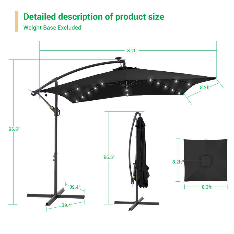 Parasol carré déporté de 2,5 m (8,2 pi) à DEL avec base, parasol extérieur toutes saisons pour terrasse, jardin et cour, Noir